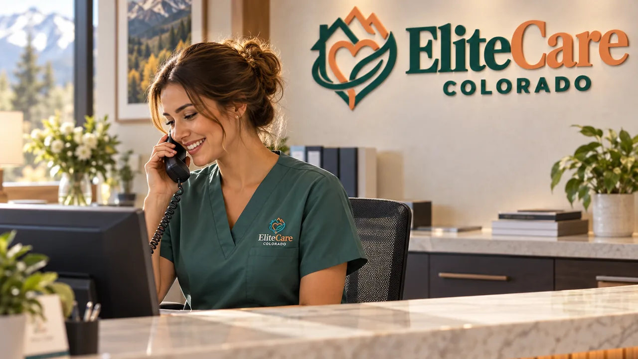 EliteCare Colorado receptionist answering the office phone at the front desk
