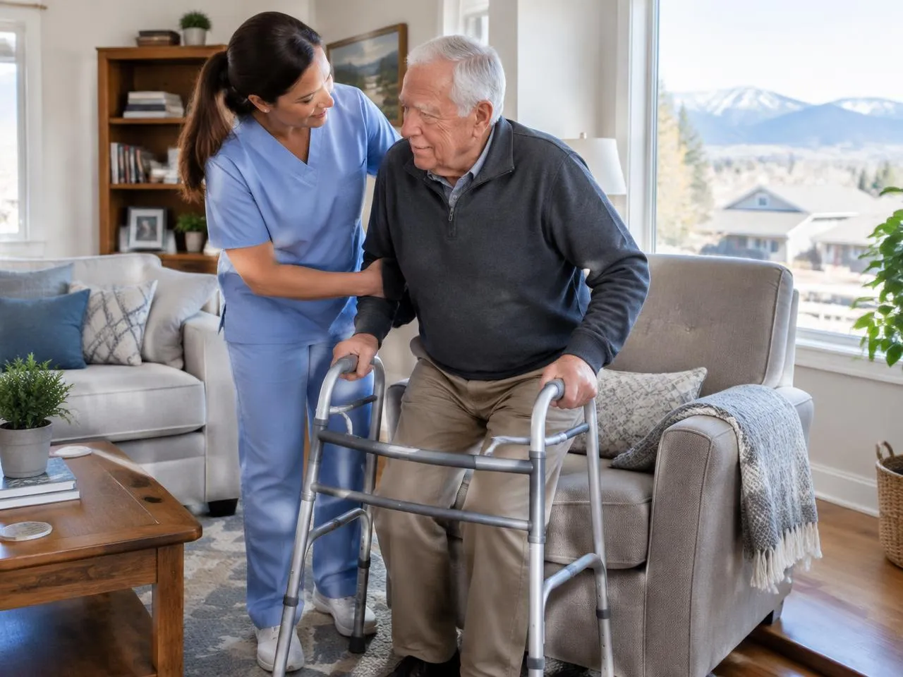 Caregiver helping an older man rise from his armchair with a walker