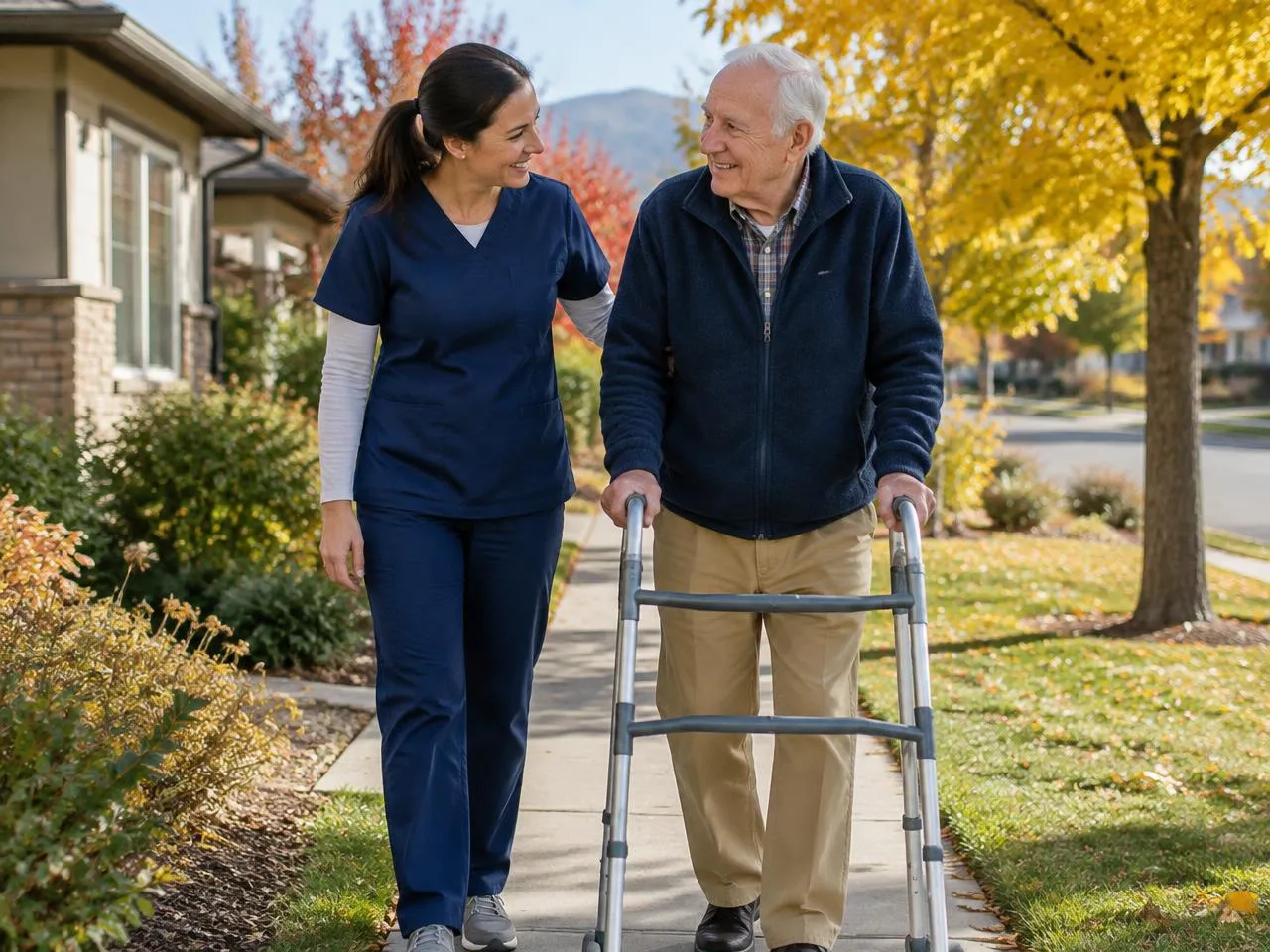 Caregiver walking outside with a senior using a walker in Aurora