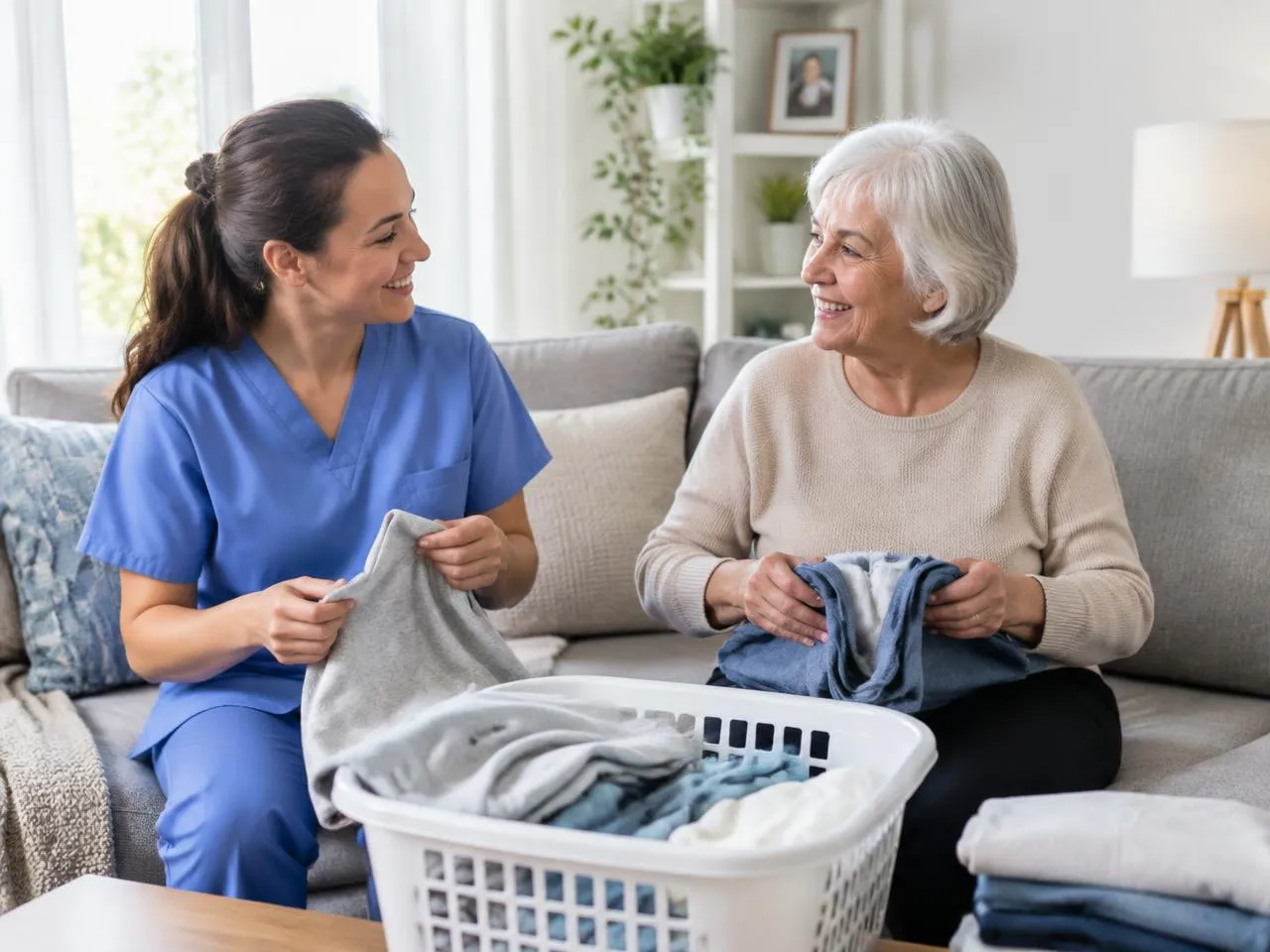 Caregiver and senior woman folding laundry together on a sofa during a companion care visit