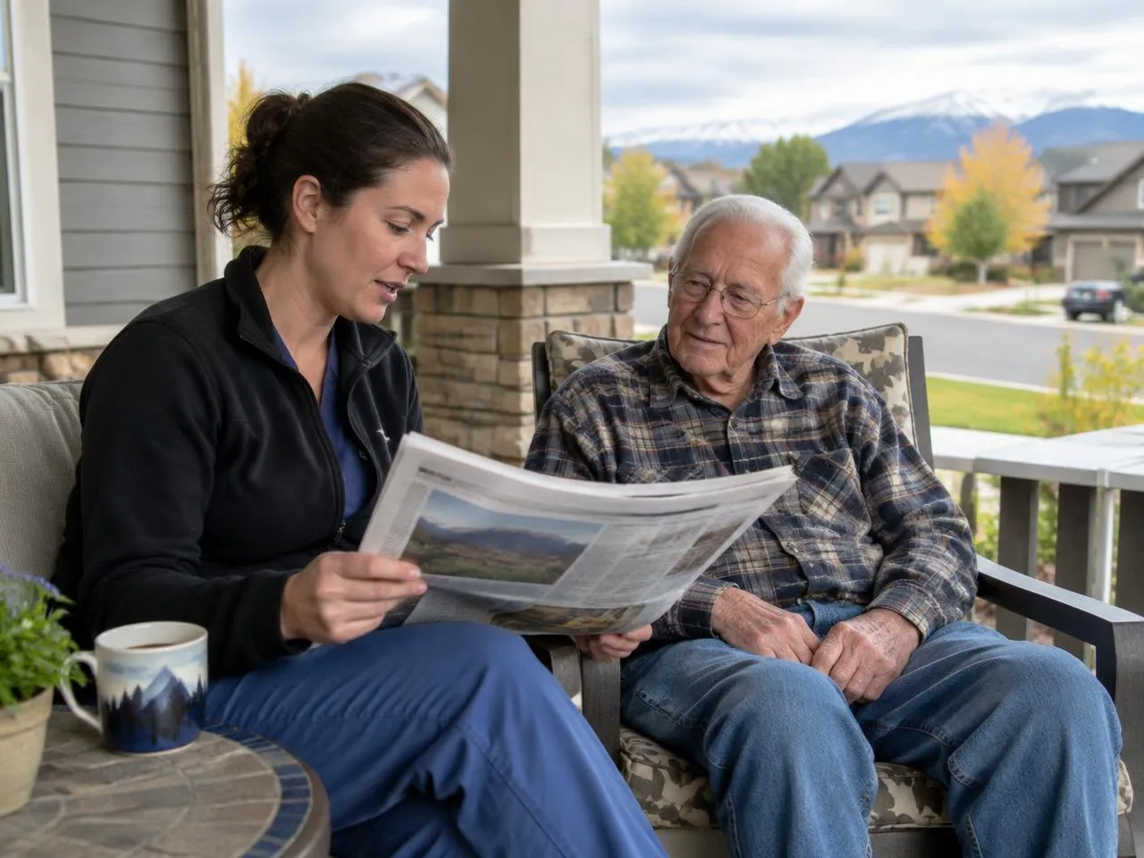 Caregiver reading the newspaper aloud to an older man on his front porch in Aurora