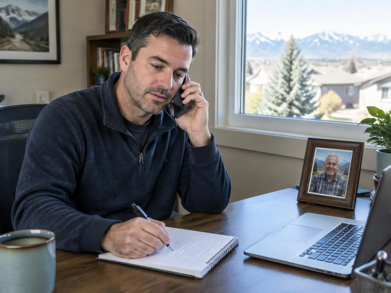 Adult son taking notes during a phone call about companion care for his father