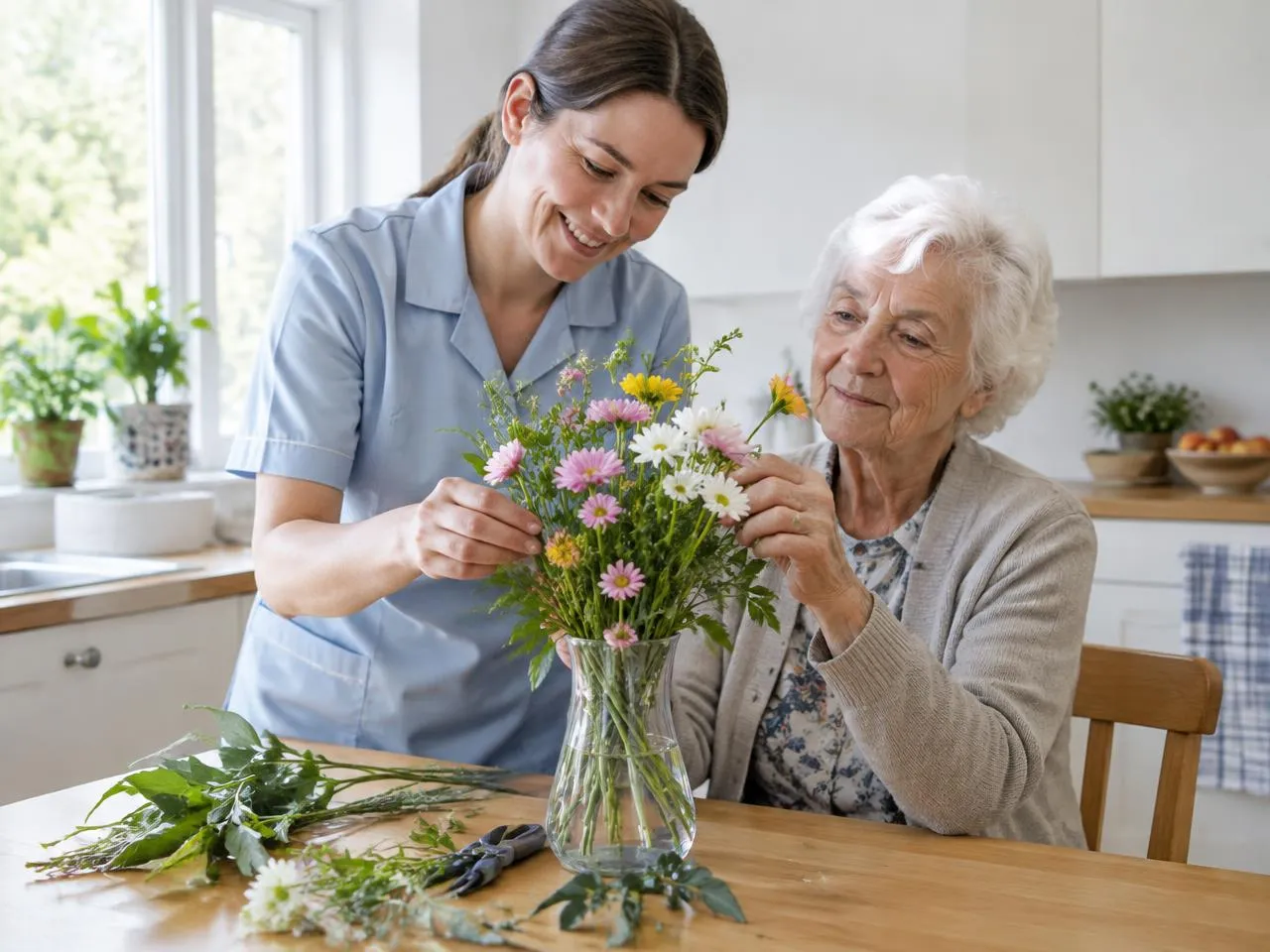 Caregiver and older woman with dementia arranging fresh flowers together at the kitchen table