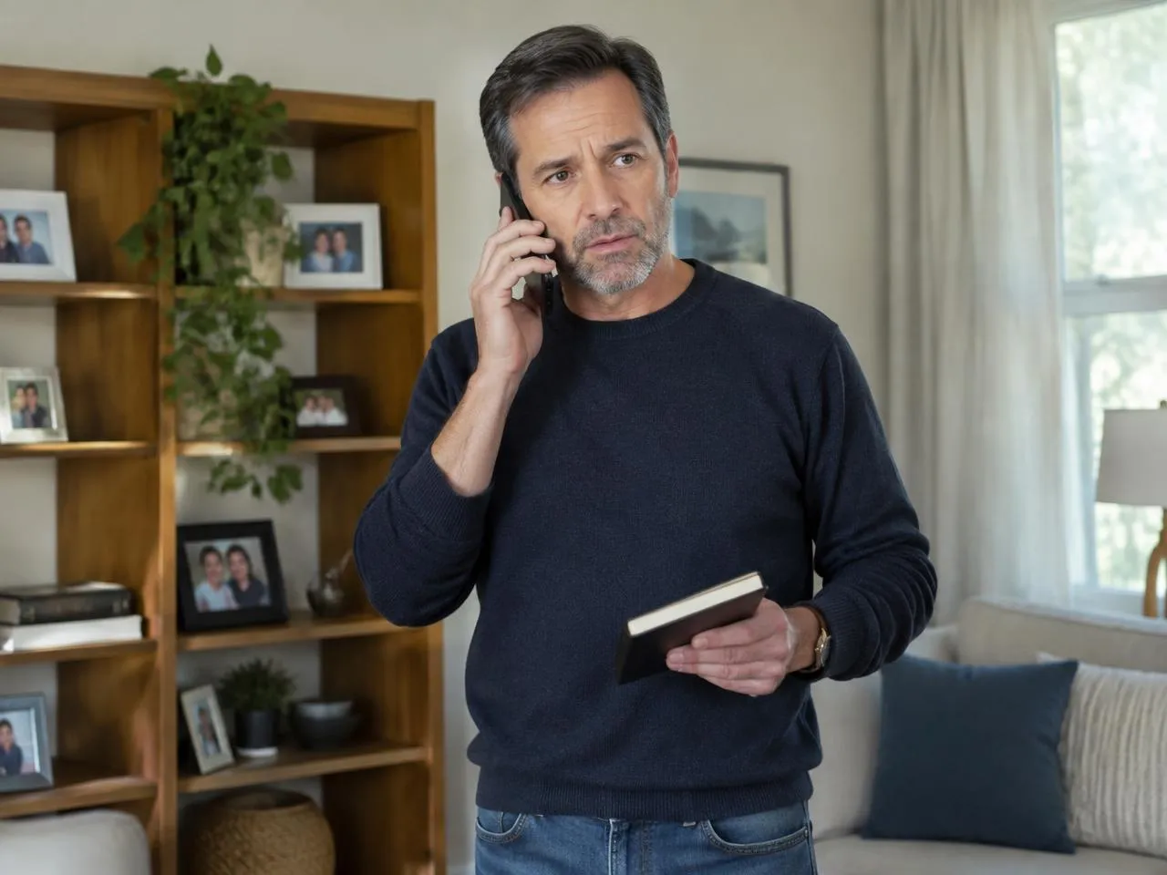Son holding a notebook while calling about dementia care for a parent in Denver