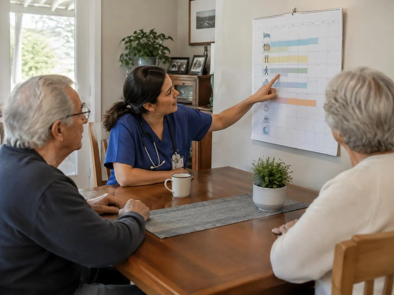 Nurse pointing to a daily routine chart while an older couple listens at home