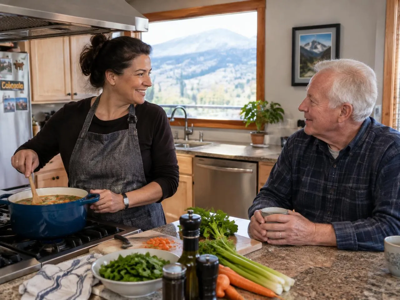 Caregiver cooking soup while a senior man chats at the kitchen counter in Arvada