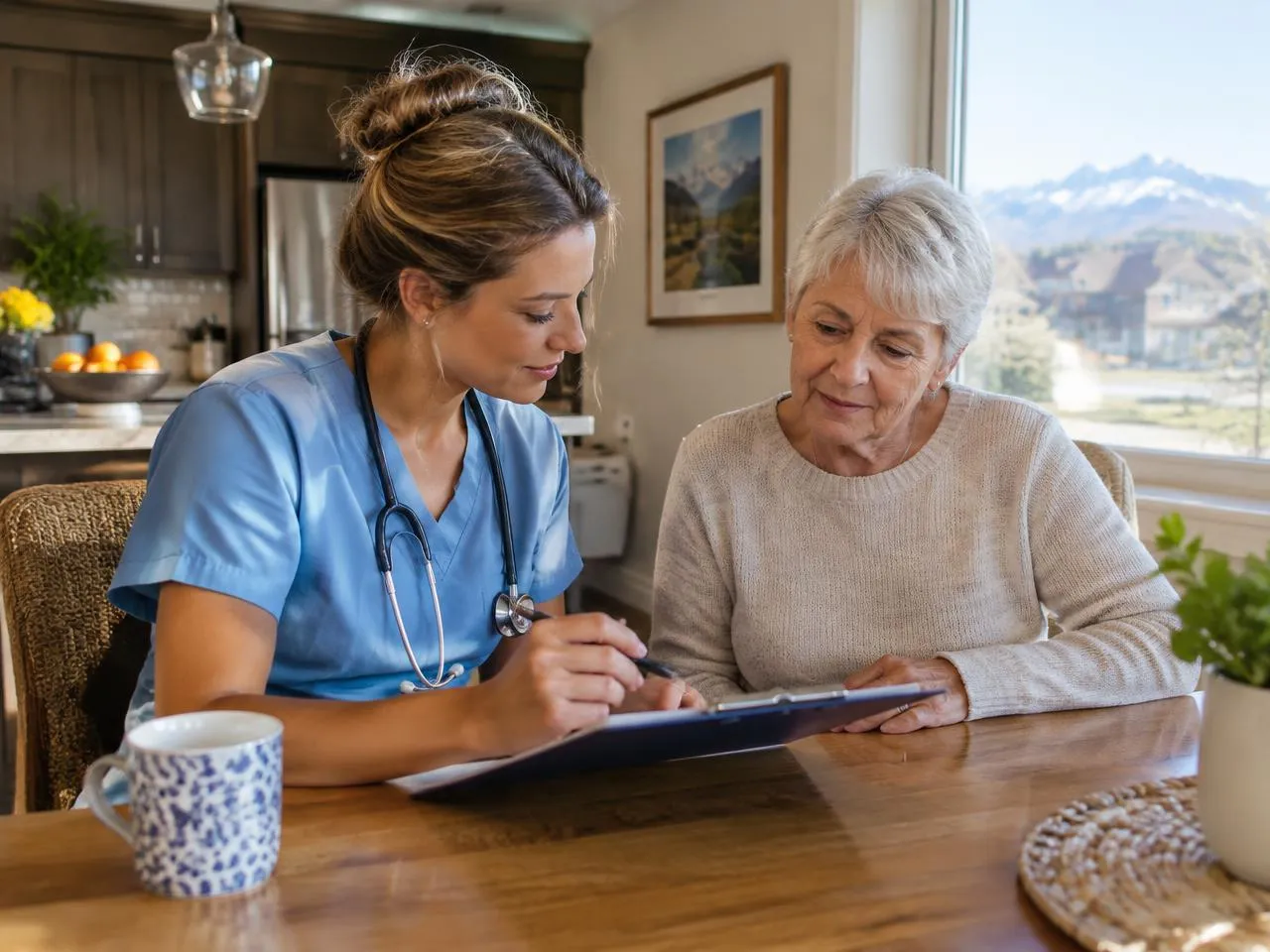 Nurse reviewing a written care plan with a senior woman at her kitchen table in Aurora