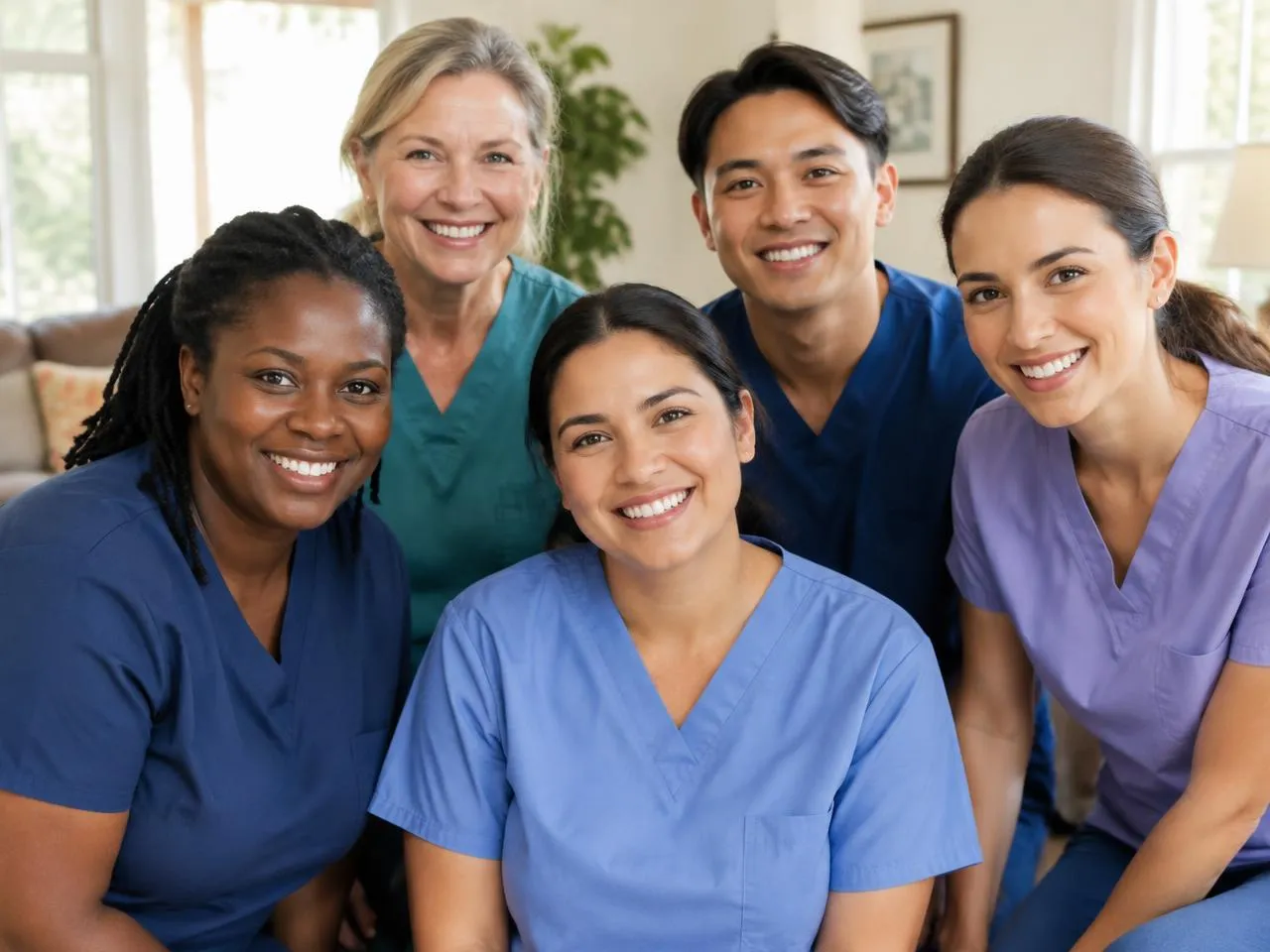 Smiling group of caregivers and nurses in scrubs in a bright Aurora home