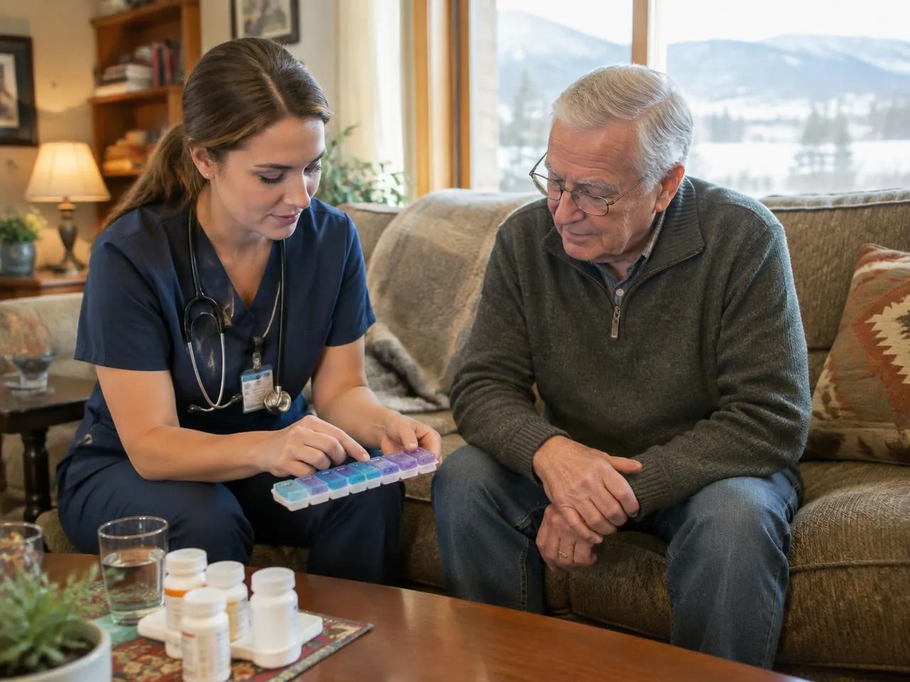 Nurse sorting a weekly pill organizer with a senior man on his sofa in Centennial