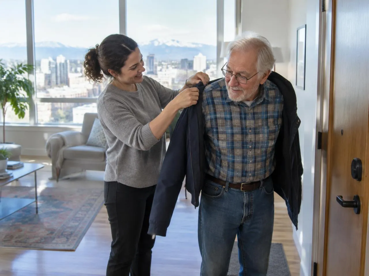Caregiver helping a senior man put on his jacket in his Denver apartment