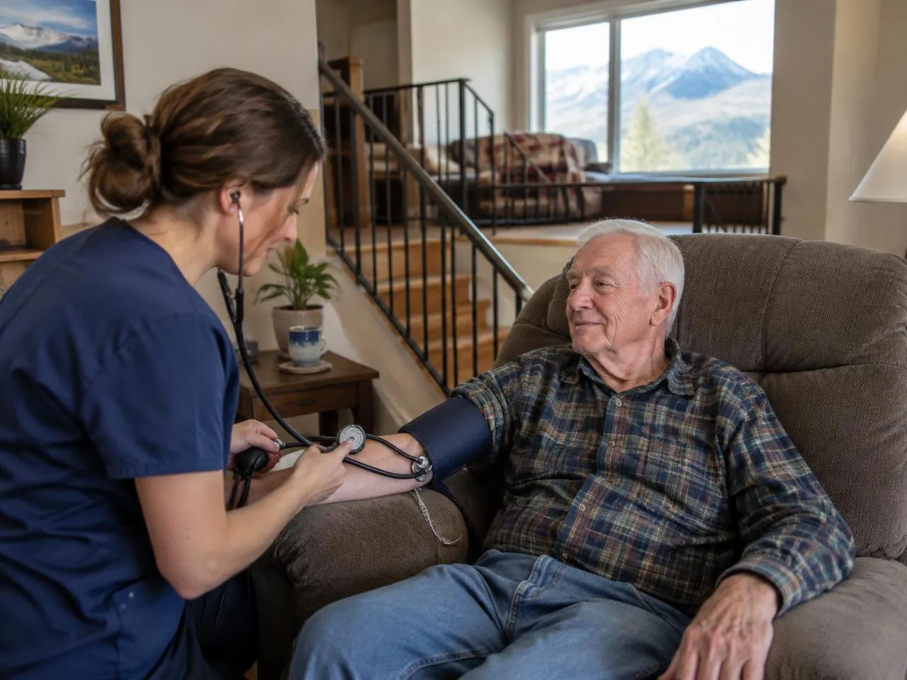 Nurse checking a senior man's blood pressure in his Lakewood living room
