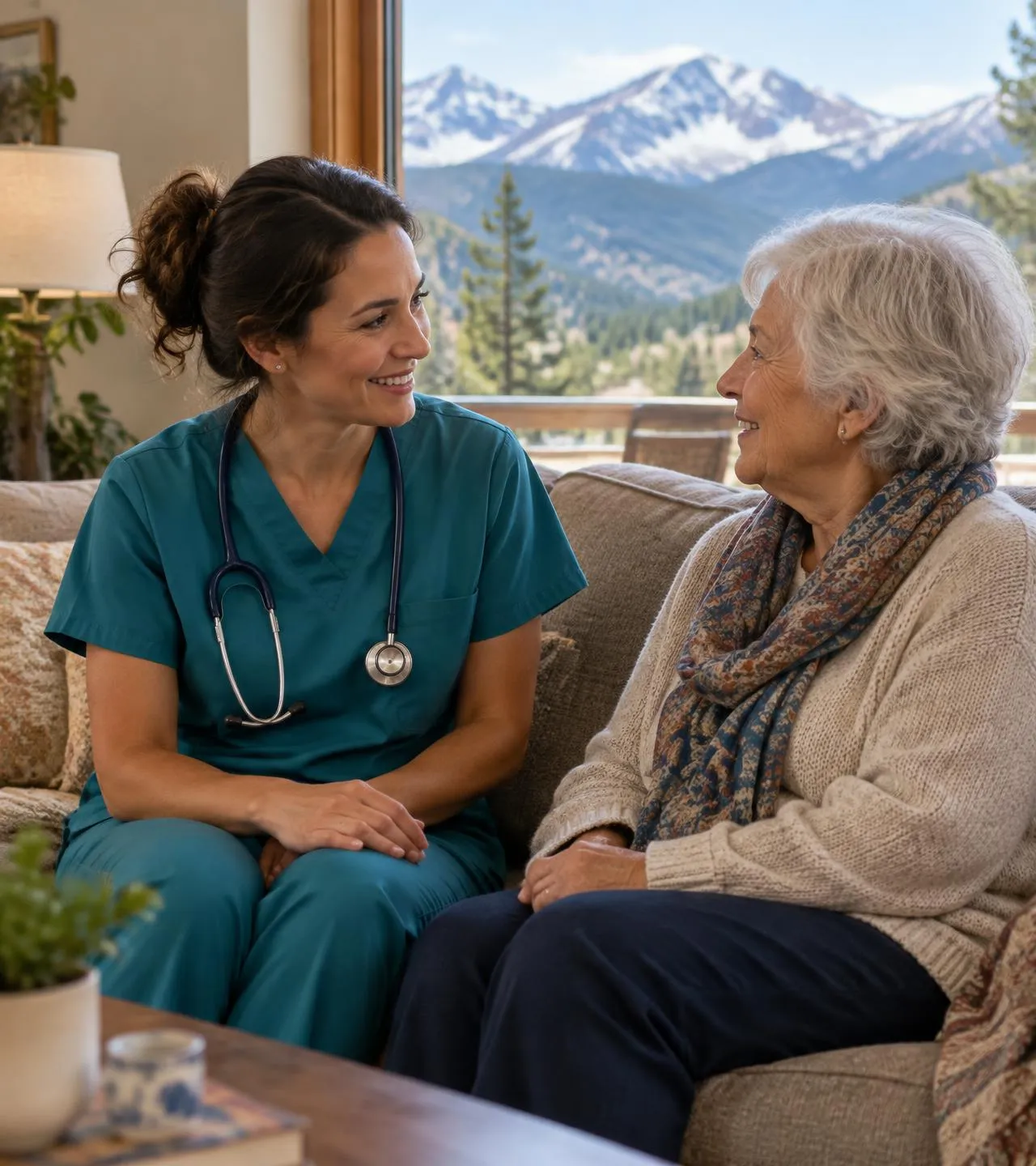 Nurse on the sofa with a senior woman, talking through her senior home care plan
