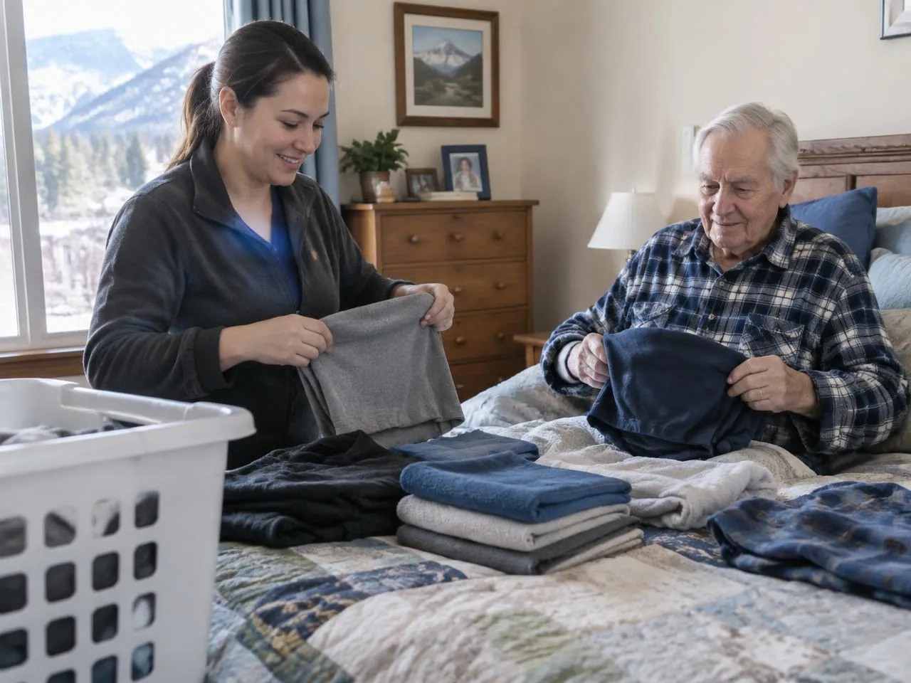 Caregiver folding laundry with a senior man, an example of non-medical home care