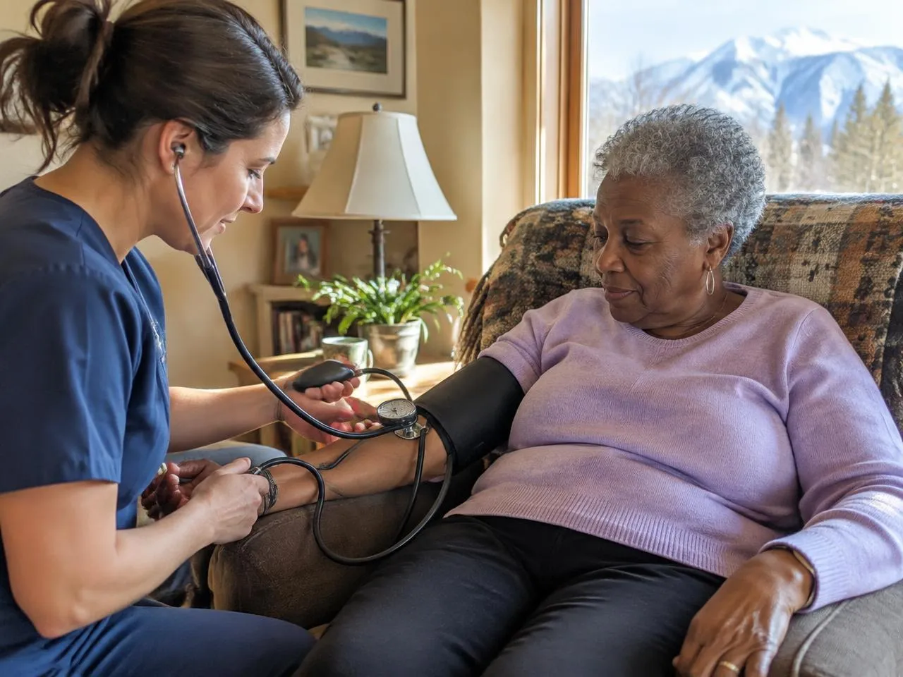 Nurse taking a senior woman's blood pressure, an example of medical home health