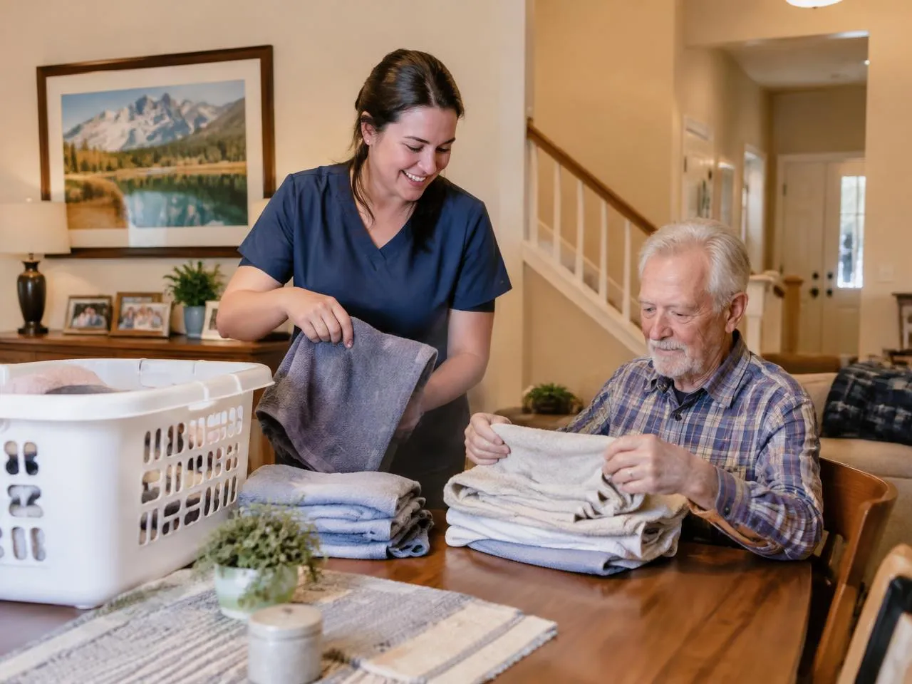 Caregiver folding laundry with a senior man at the dining table in Westminster