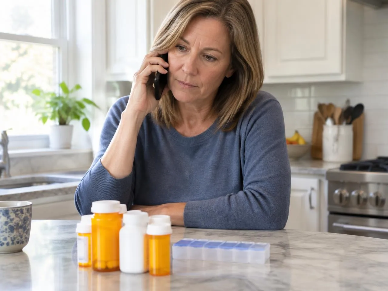 Woman calling about home health care with prescription bottles and a pill organizer nearby
