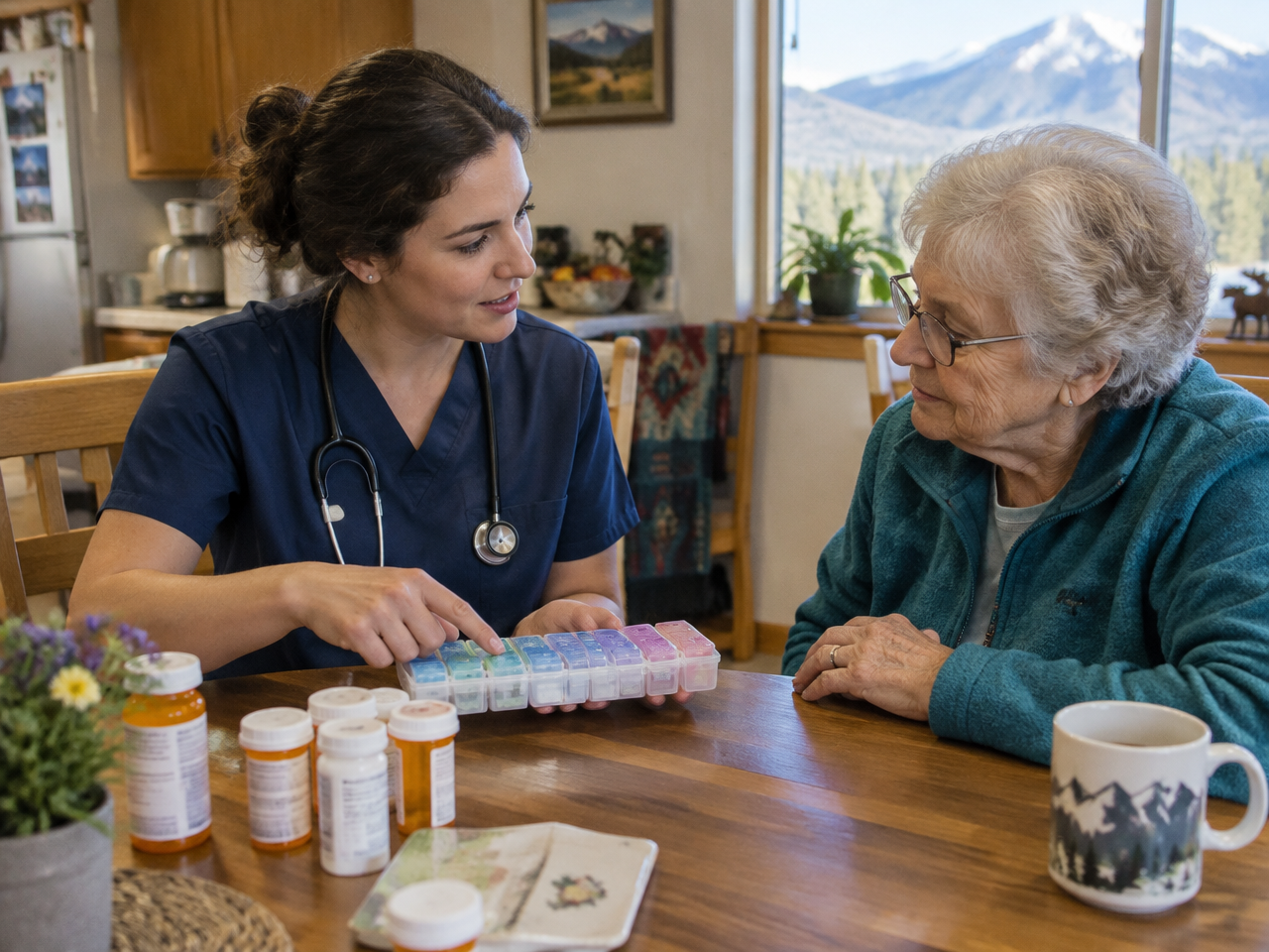 Nurse explaining a weekly pill organizer to a senior woman at home in Aurora