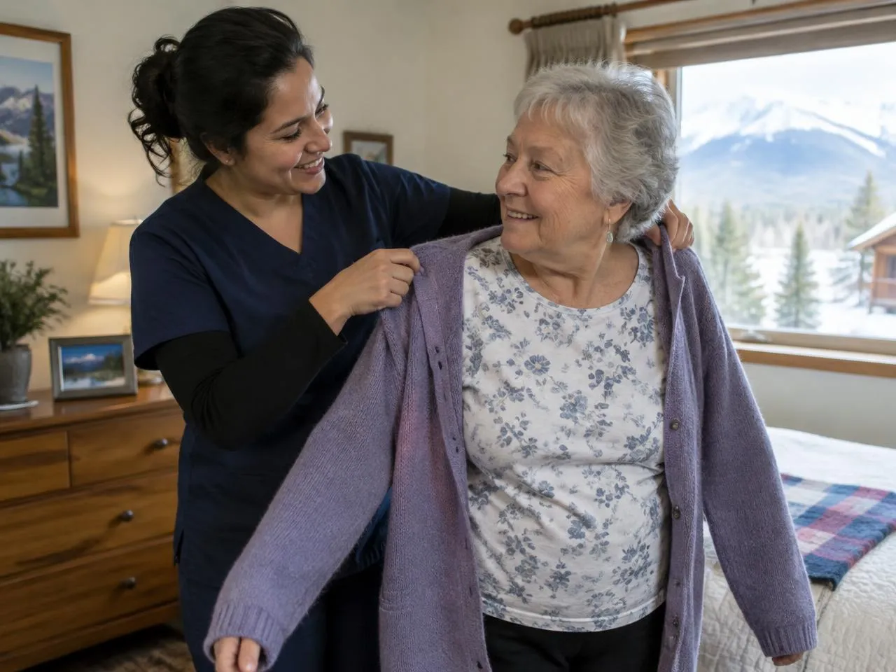 IHSS attendant helping a smiling senior woman put on a purple cardigan in her Colorado bedroom
