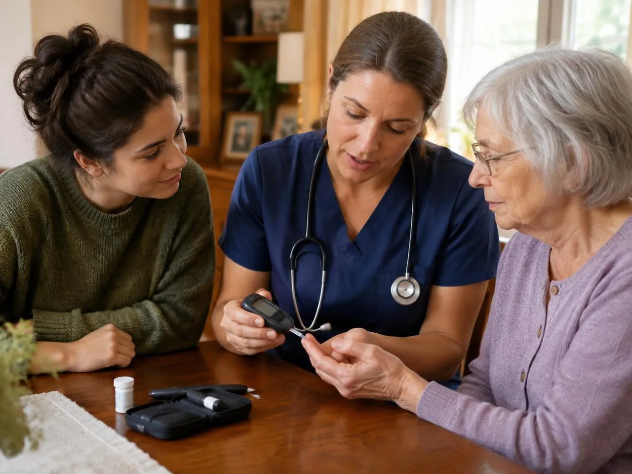 Nurse teaching a granddaughter to check blood sugar as an IHSS health maintenance task