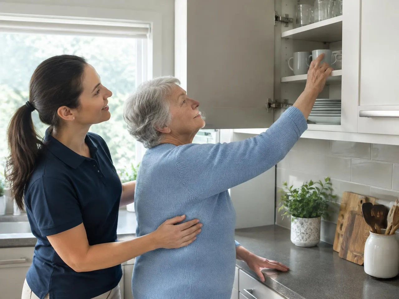 Occupational therapist steadying a senior woman as she reaches into a kitchen cabinet
