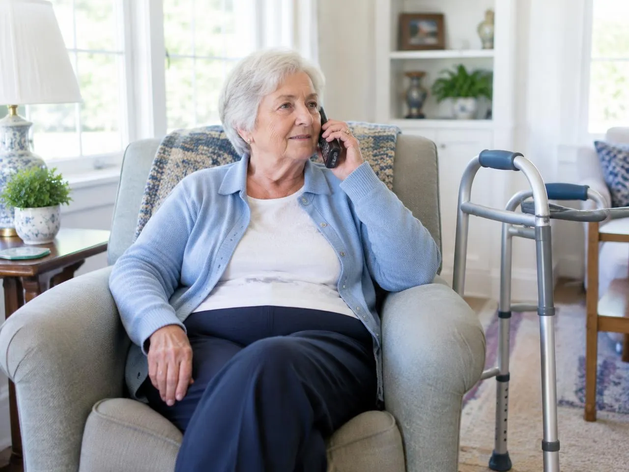 Older woman with a walker beside her armchair calling to ask about in-home therapy
