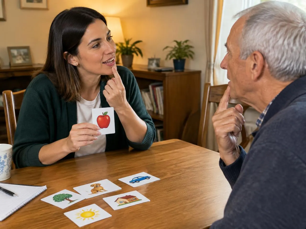 Speech therapist practicing words with picture cards with an older man at his table