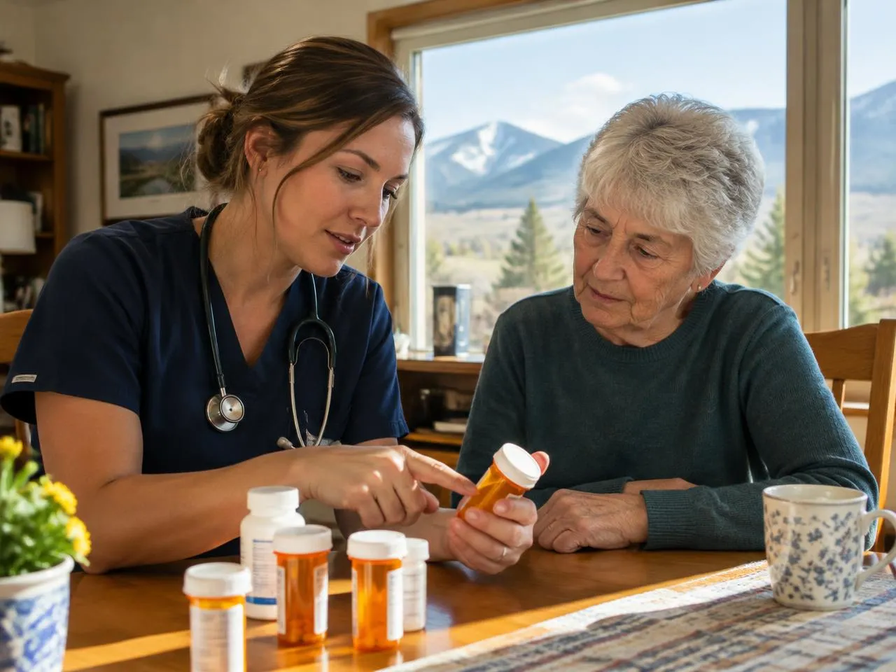 Nurse reviewing prescription bottles with a senior woman during an insurance-covered home health visit in Denver