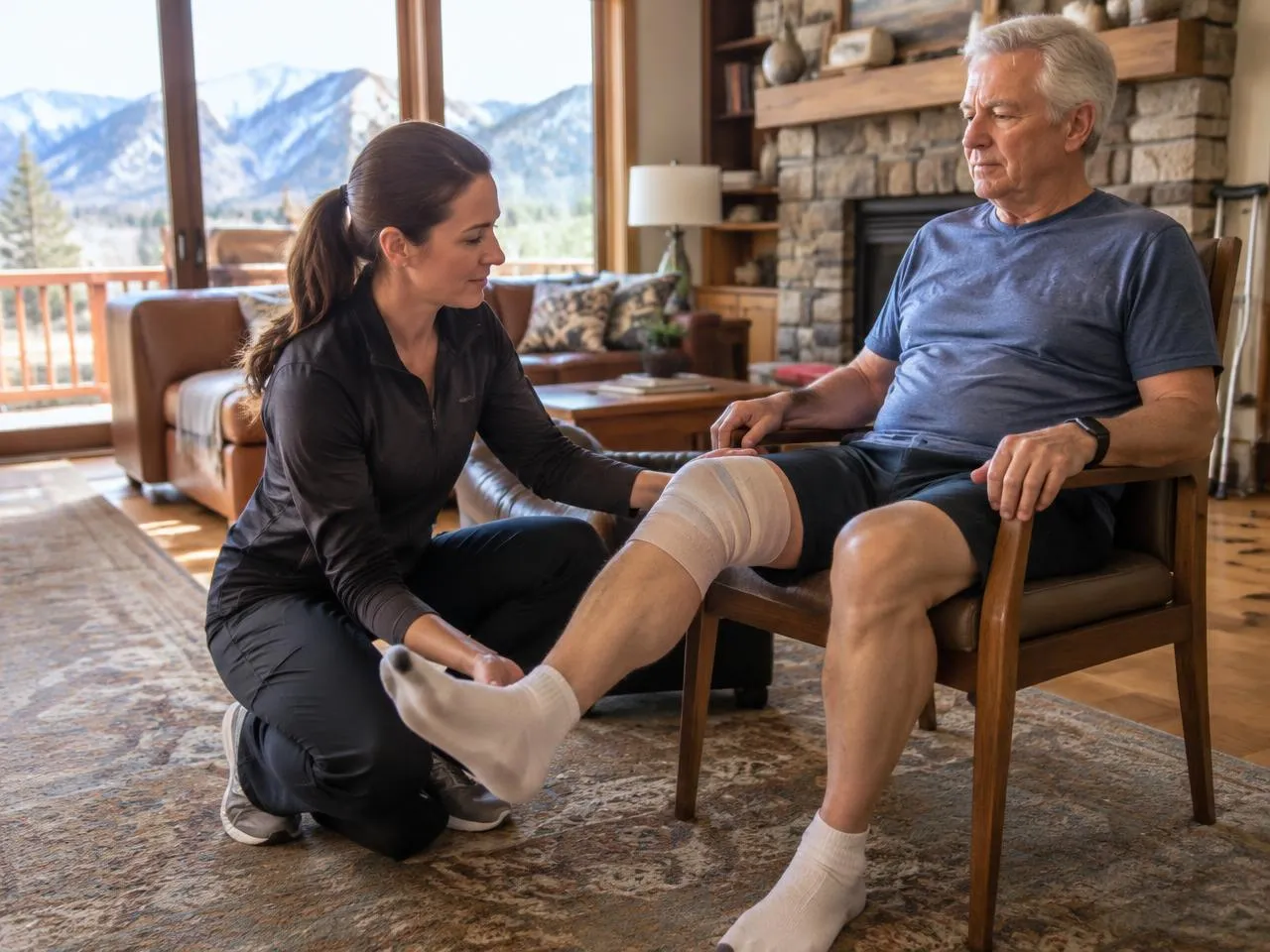 Physical therapist guiding knee exercises after surgery, a visit covered by private insurance