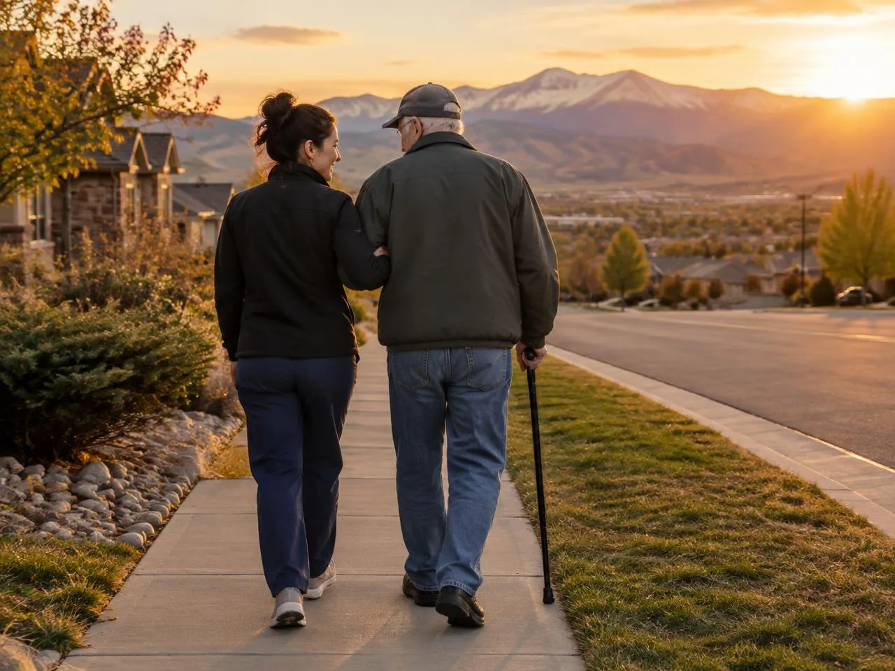 Caregiver walking arm in arm with a senior man on an Aurora sidewalk, Medicaid home care