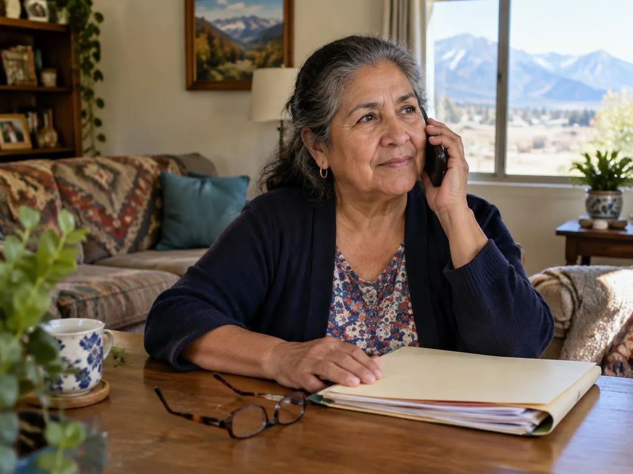 Senior woman calling her Medicaid case manager with paperwork on her Denver table