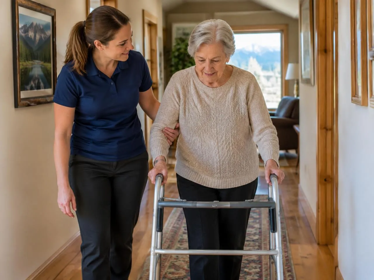 Physical therapist walking beside a senior woman with a walker during Medicare therapy in Denver