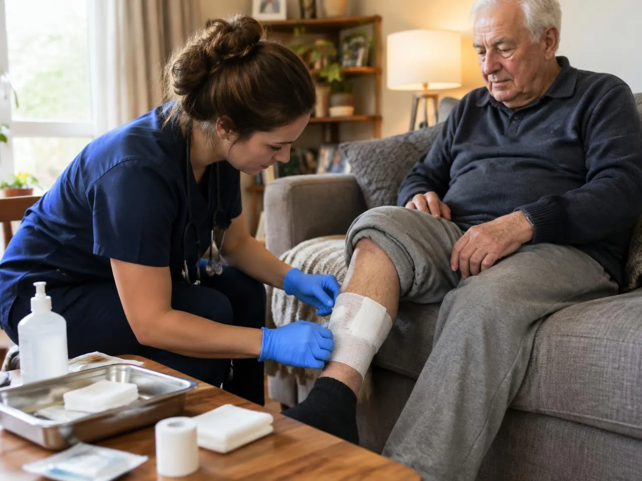 Nurse in gloves dressing a senior man's leg wound during a Medicare home health visit