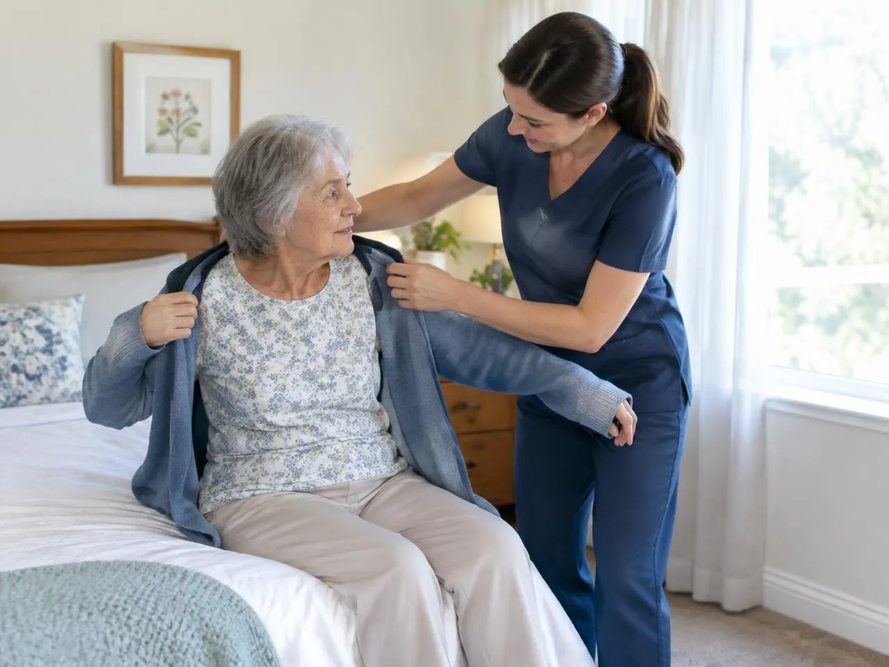 Caregiver helping a senior woman put on her cardigan during a personal care visit