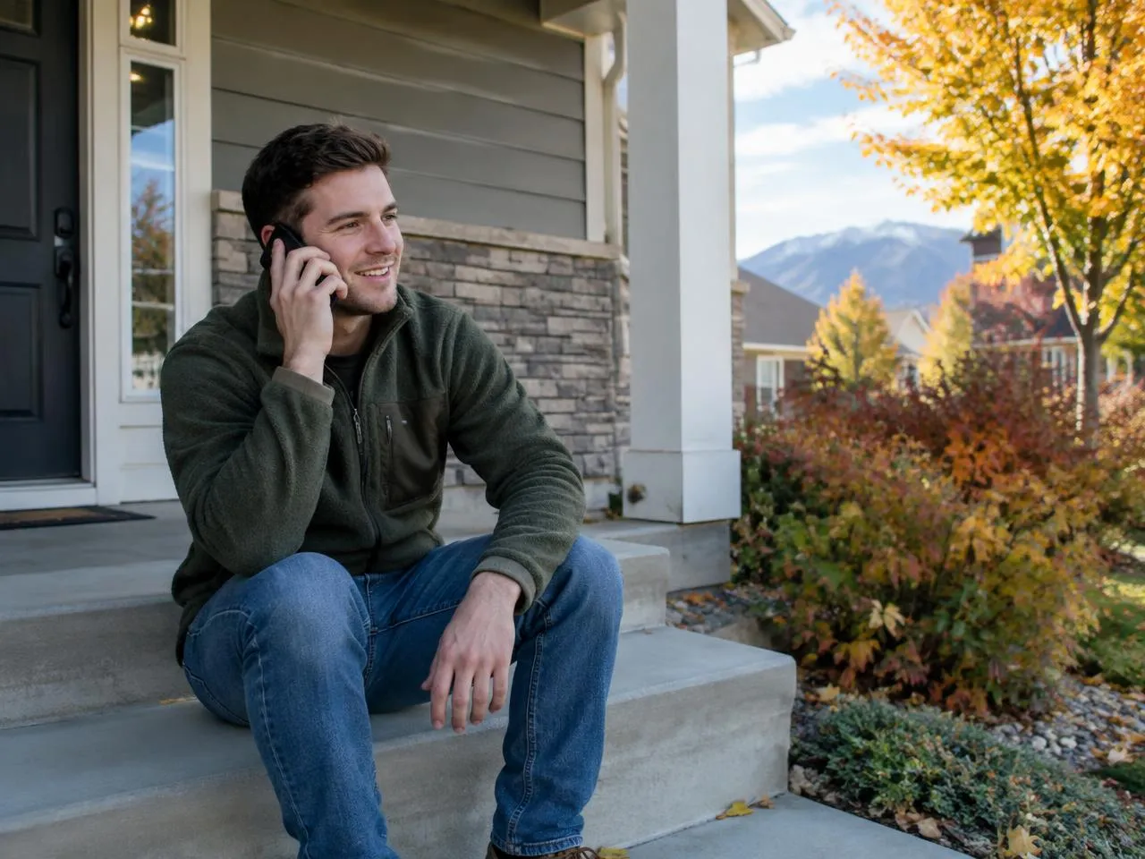 Young man on his porch phoning about personal care for a grandparent in Aurora