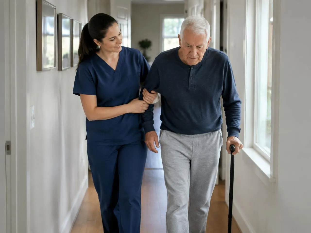 Caregiver steadying a senior man with a cane as he walks his hallway after surgery
