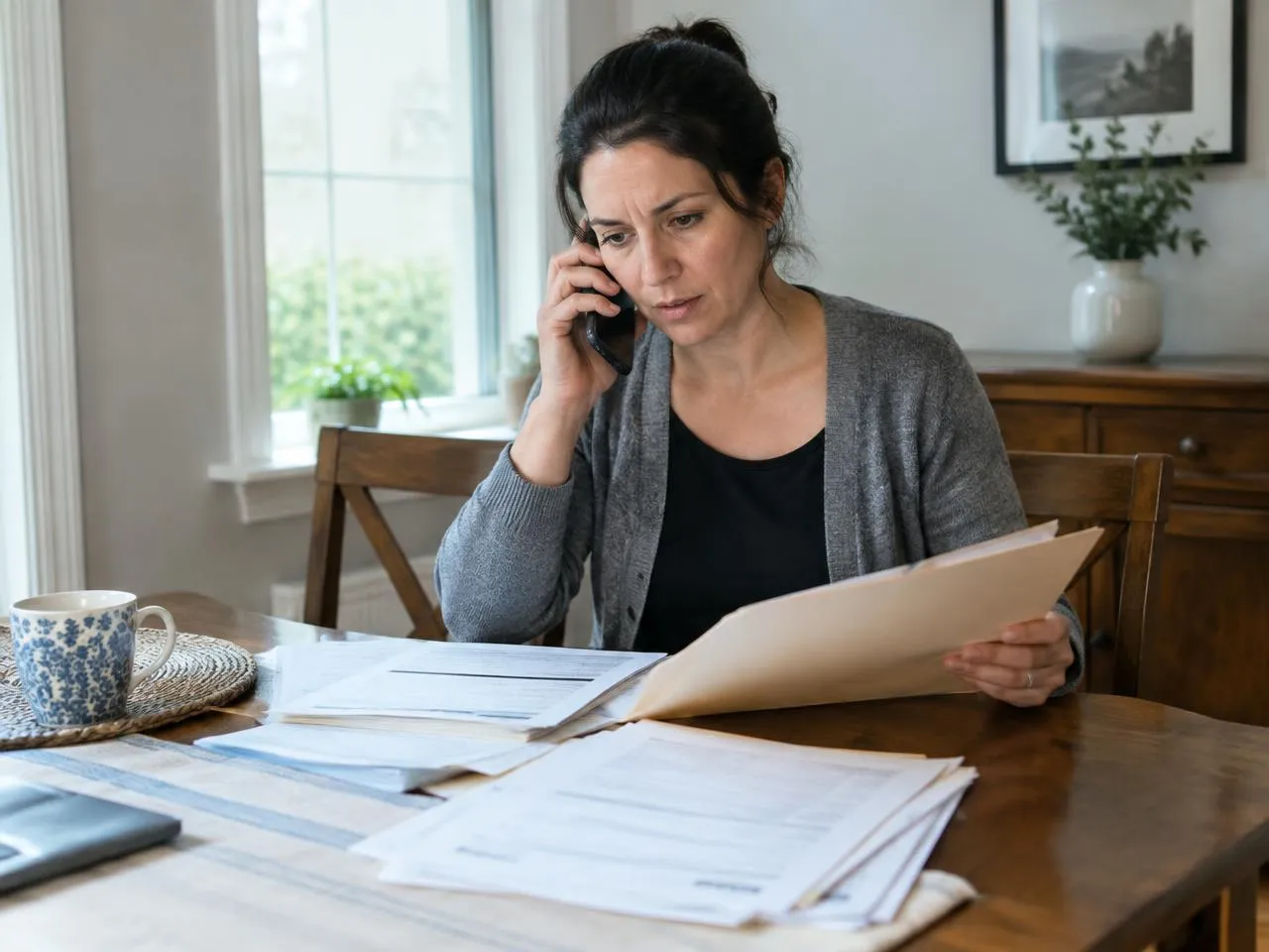 Woman holding hospital discharge papers while calling about post-hospital care at home