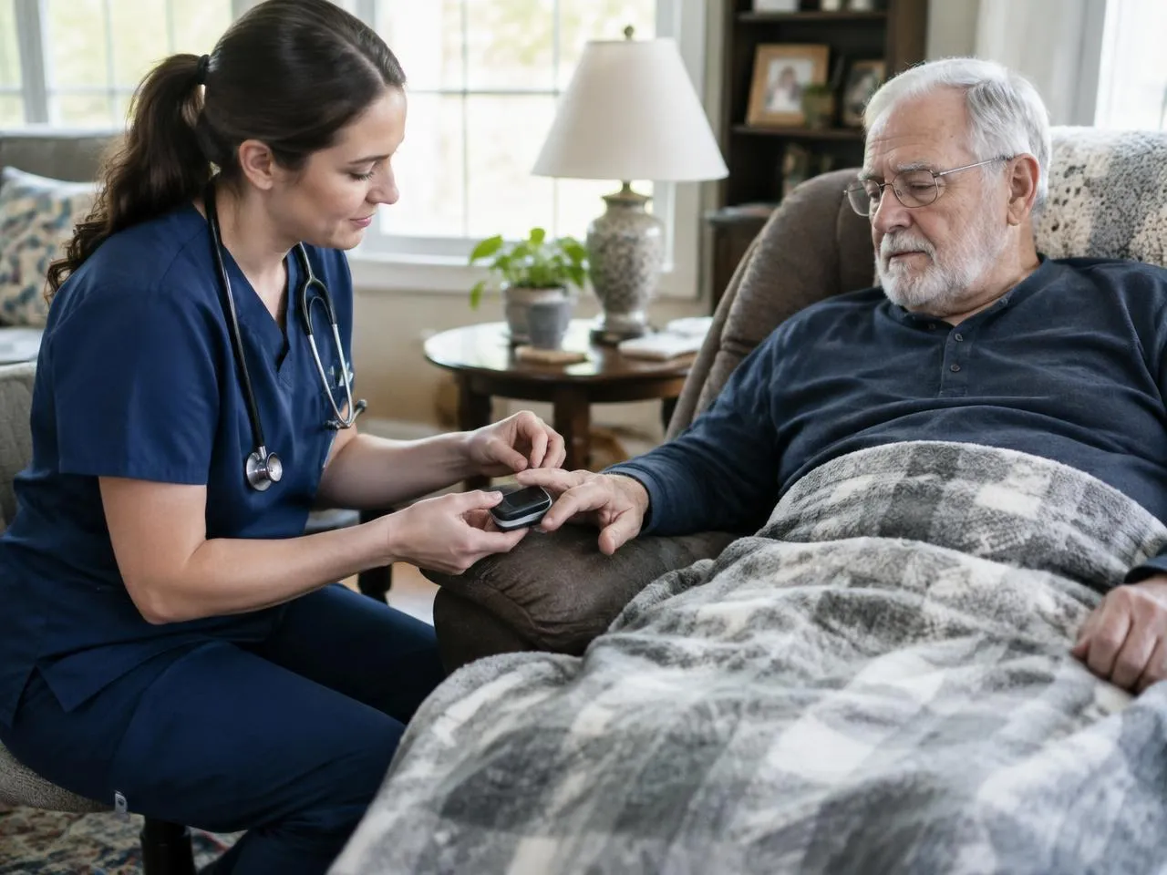 Nurse checking oxygen levels on a senior man resting in his recliner after a hospital stay