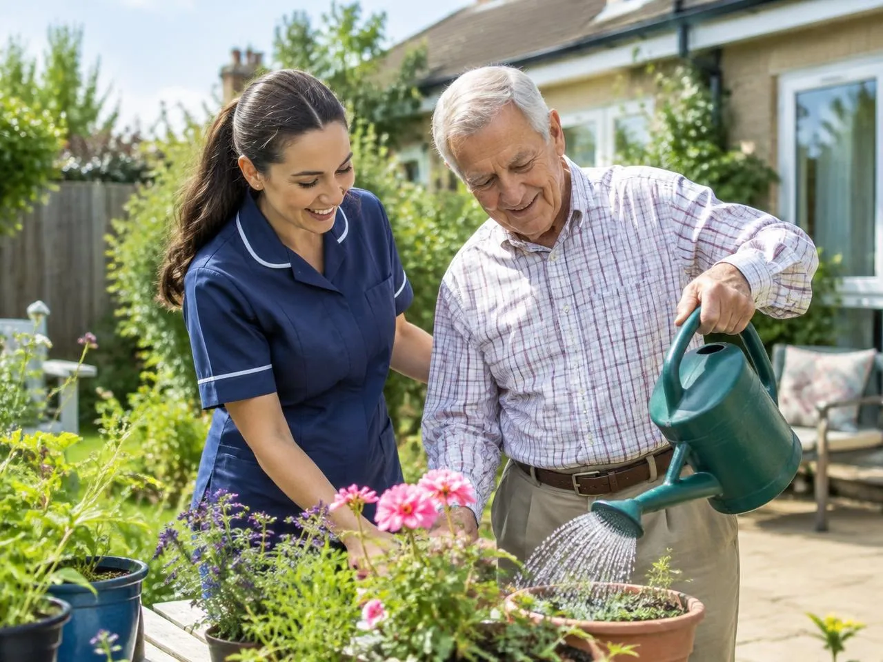 Caregiver and senior man watering potted flowers in the backyard during a respite visit