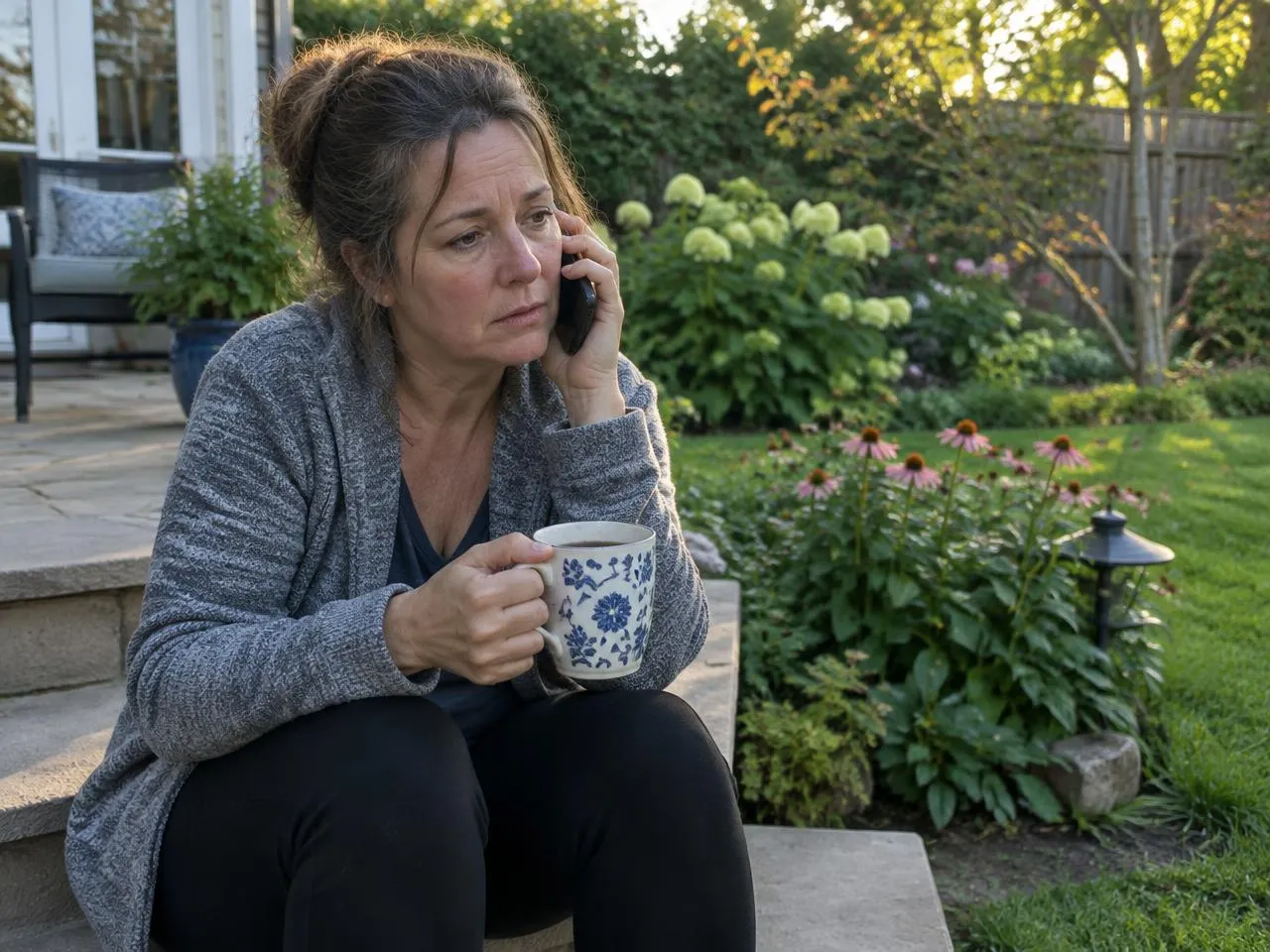 Tired family caregiver with a coffee mug on her patio steps calling about respite care