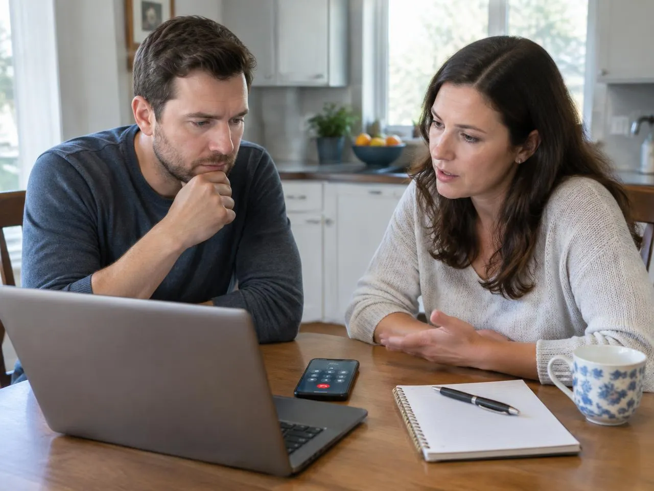 Brother and sister at a kitchen table planning senior home care for a parent by phone